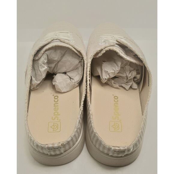 Spenco Orthotic 7.5 Tan Stripe Canvas Slip-On Sneaker Mules Santa Rosa New - Picture 7 of 9